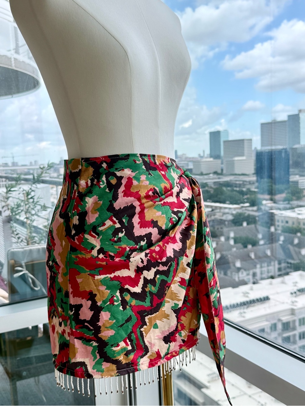 Micas Abstract Print Wrap Mini Skirt with Beaded Fringe Hem — Size M - Picture 3 of 5